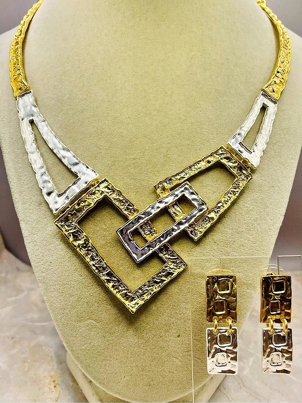 KARINE SULTAN Two-Tone Geometric Statement Necklace & Earrings Set. 22 inches